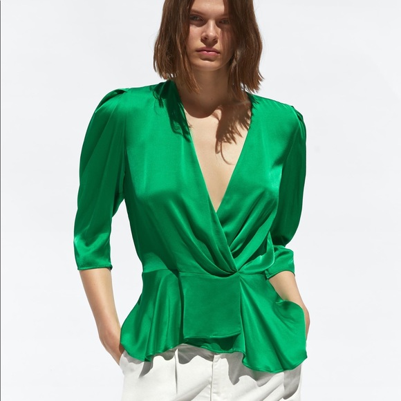 Zara Tops - FLASH SALE NWT Zara Green Satin Wrap Top
